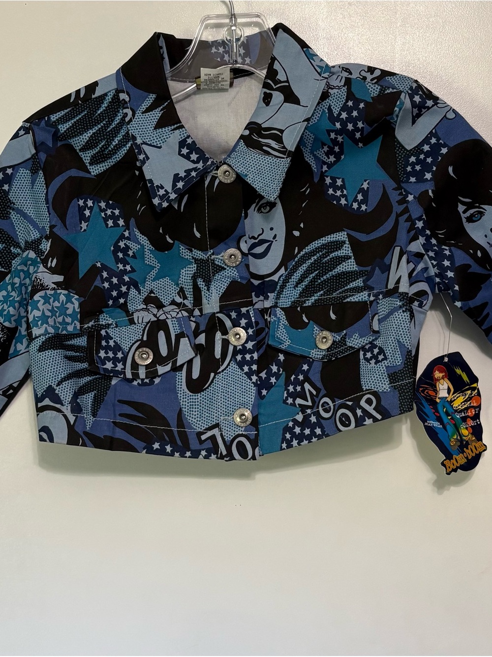 VTG Y2K Boom Boom Jeans Pop Art Comic Graphic Cropped Jacket NWT Blue Small